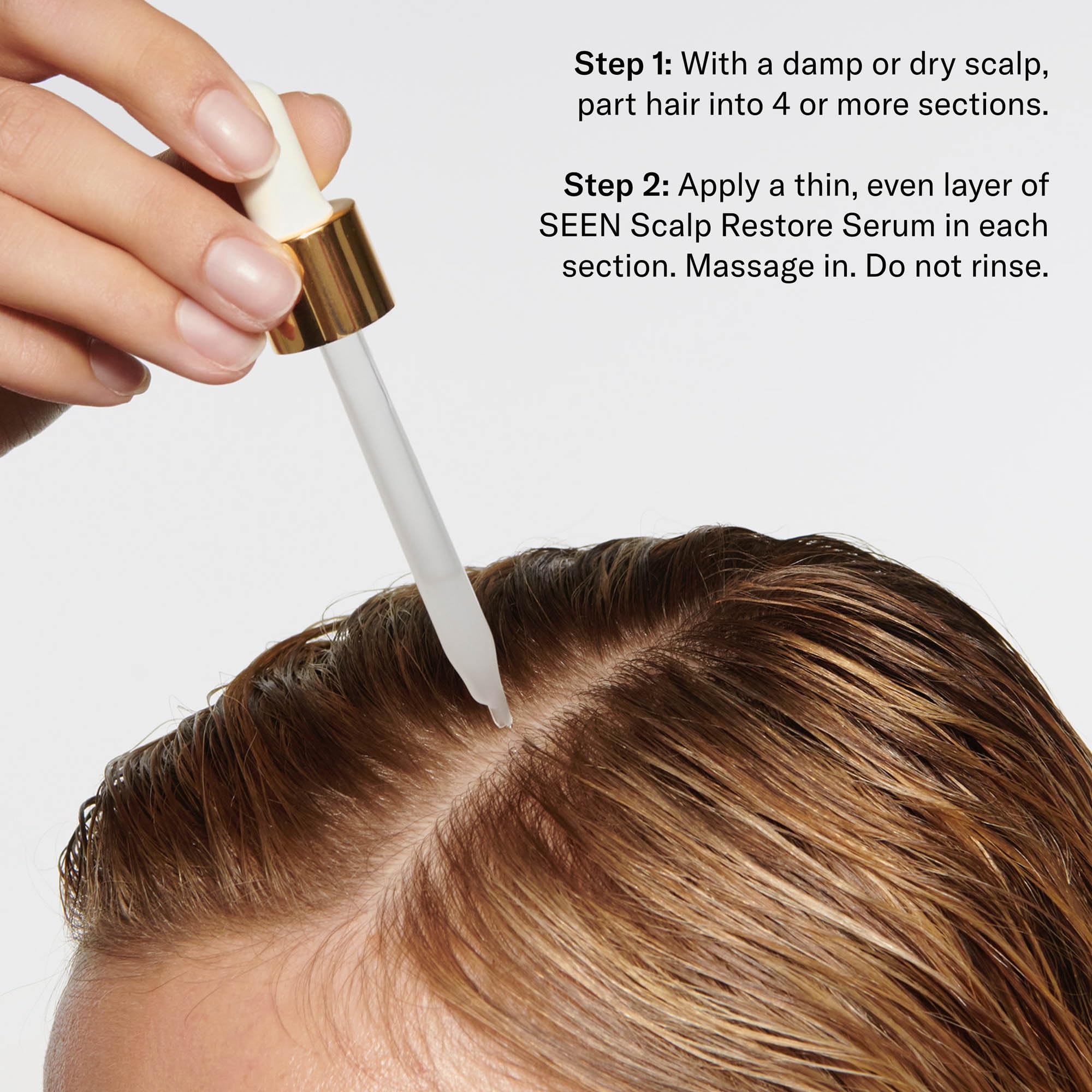 SEEN serum applied to scalp demonstrating targeted soothing and reduced flakes