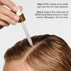 SEEN serum applied to scalp demonstrating targeted soothing and reduced flakes