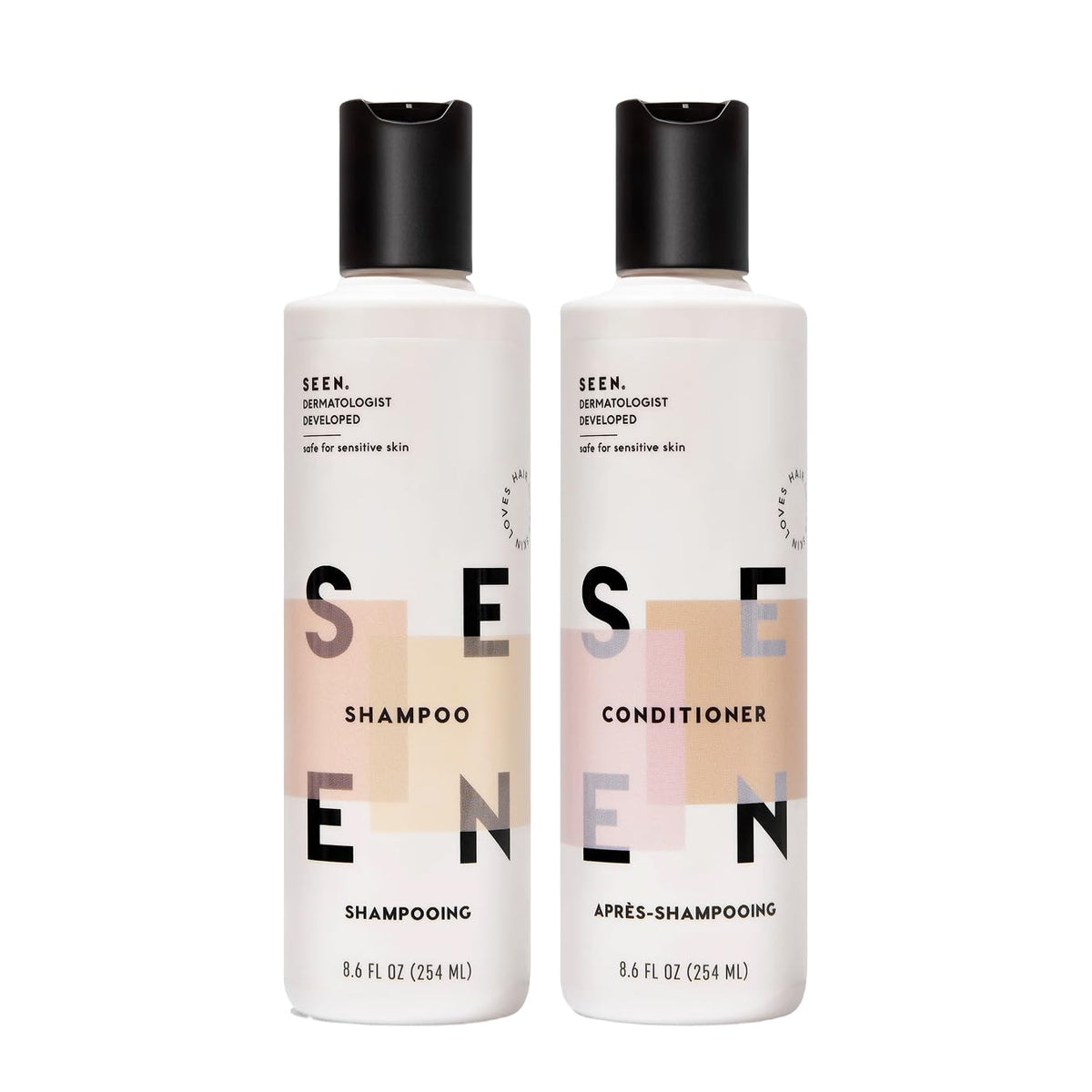 SEEN front packaging of shampoo and conditioner showing gentle formula benefits