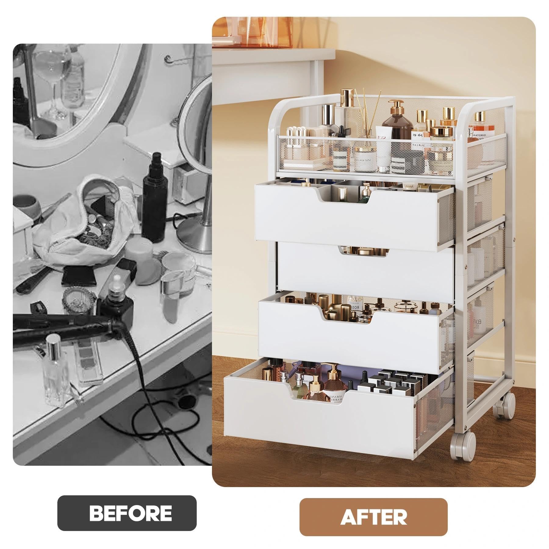 SEFILENCE cart beside dressing table in a styled room for a polished vanity setup