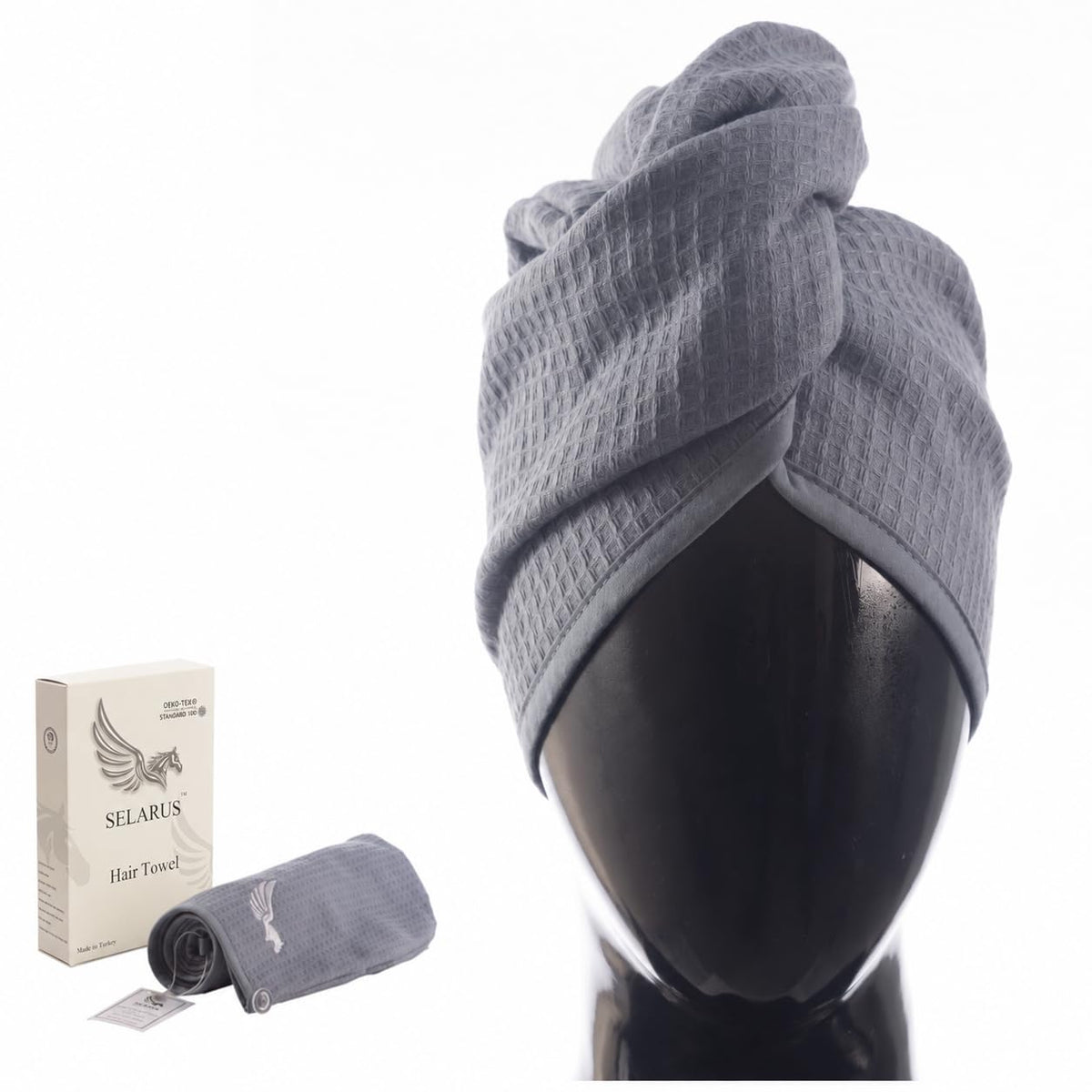 SELARUS front view of turban showing compact shape and secure fit benefit