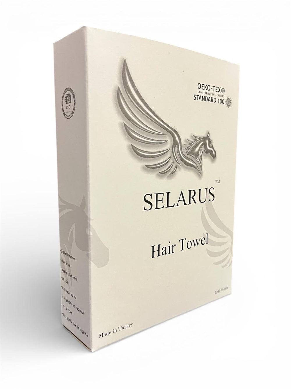 SELARUS model wearing turban in bathroom demonstrating hands-free drying benefit