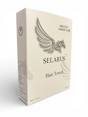 SELARUS model wearing turban in bathroom demonstrating hands-free drying benefit