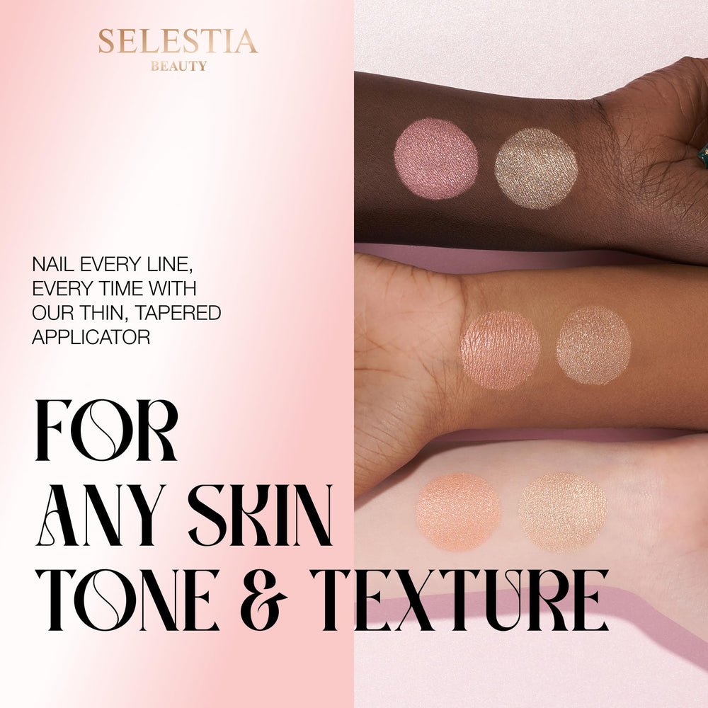 SELESTIA BEAUTY being applied to cheekbone showing targeted highlight and sculpting benefit