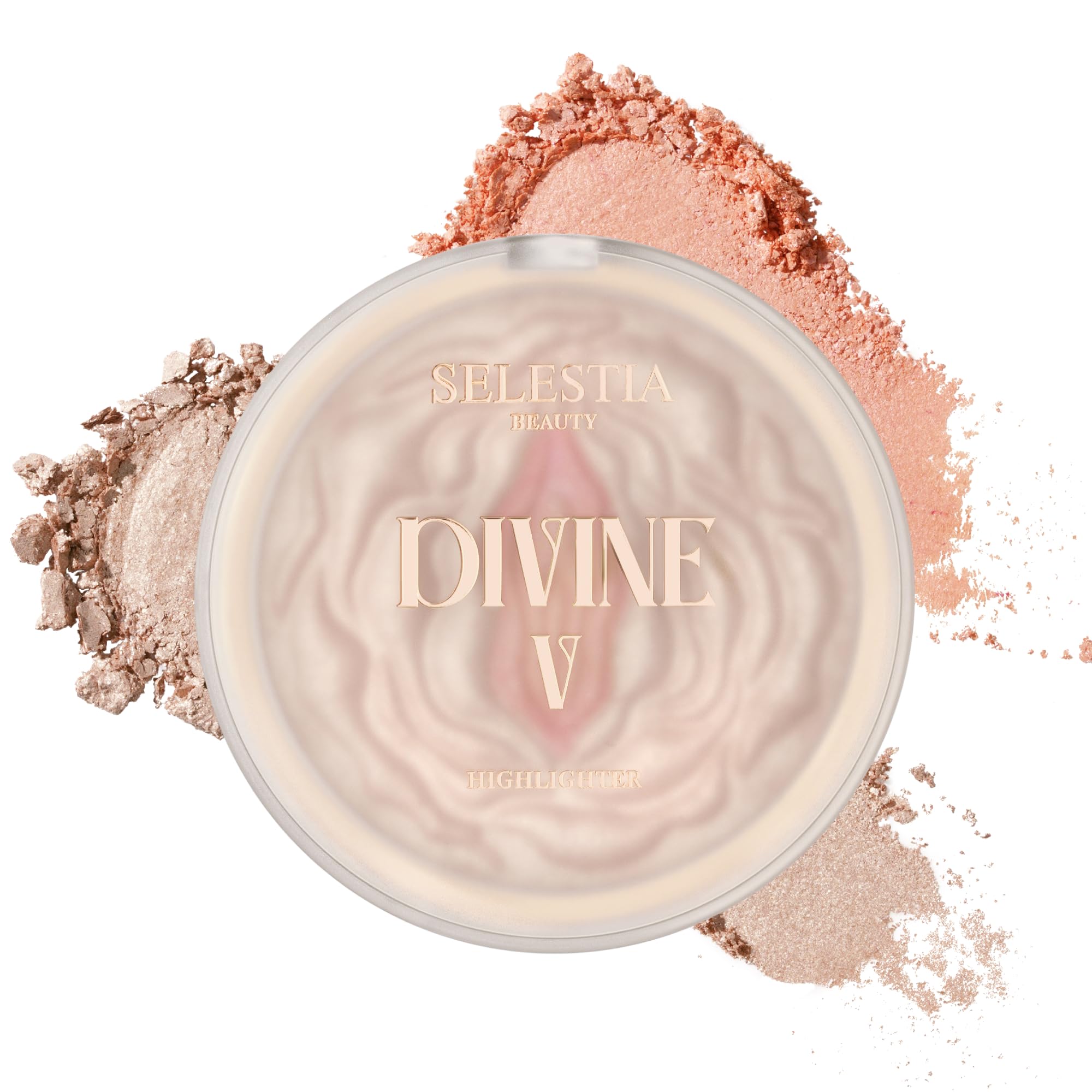 SELESTIA BEAUTY front compact showing Divine V shade and compact design benefit glow