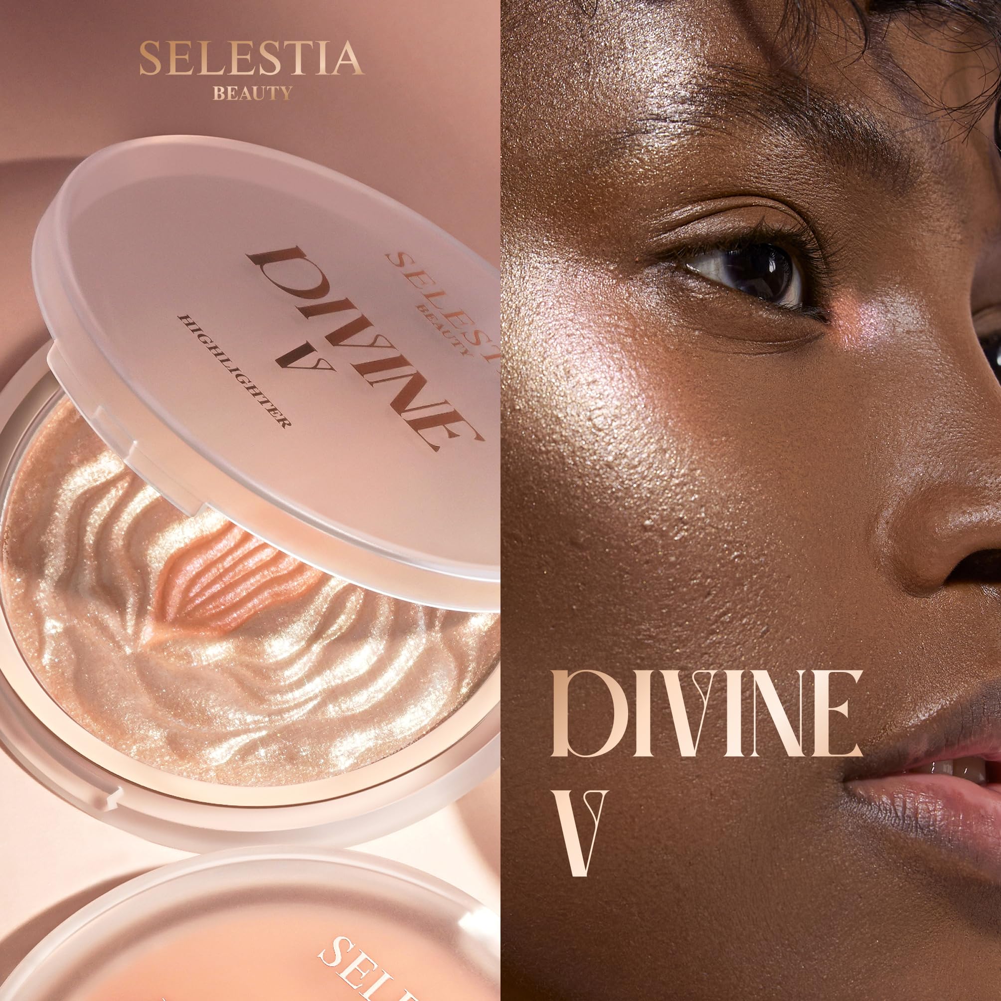 SELESTIA BEAUTY powder next to brush showing effortless pickup and even application benefit