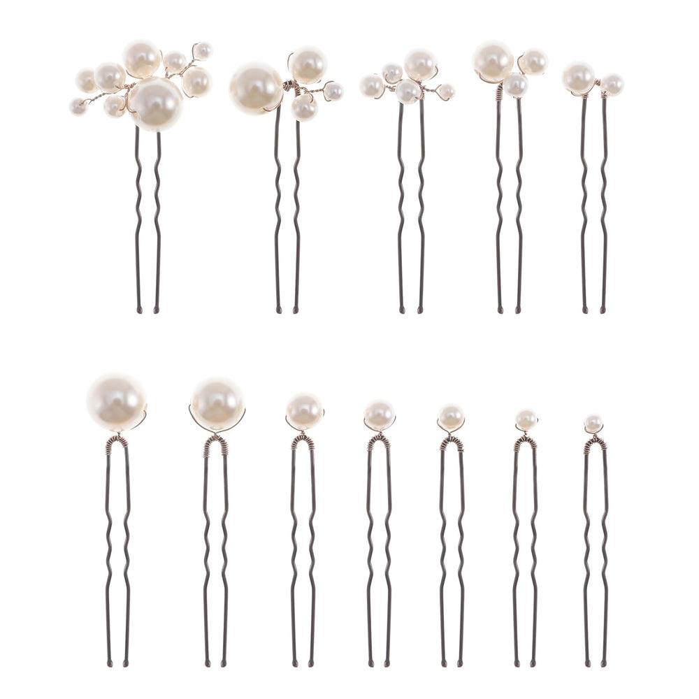 SELFCLOUD front view of 12 pearl hair pins showing elegant set benefit