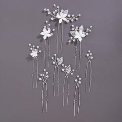 SELFCLOUD front view of nine silver pearl hair pins showing elegance and versatility