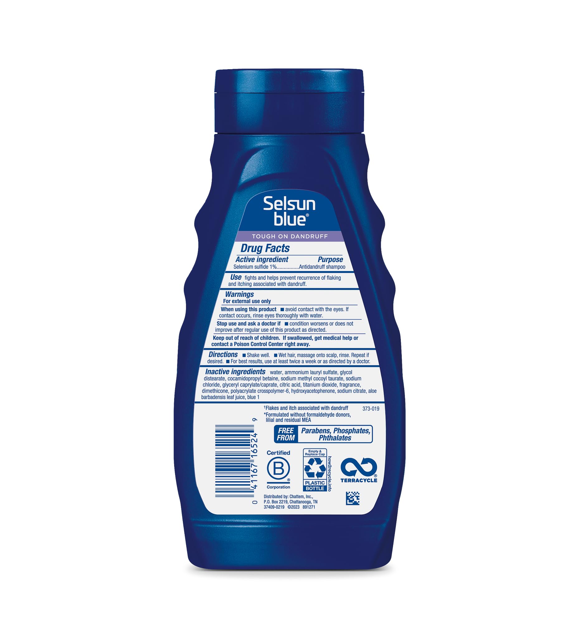 Selsun Blue back label with ingredients and directions to help confirm 1% selenium sulfide use