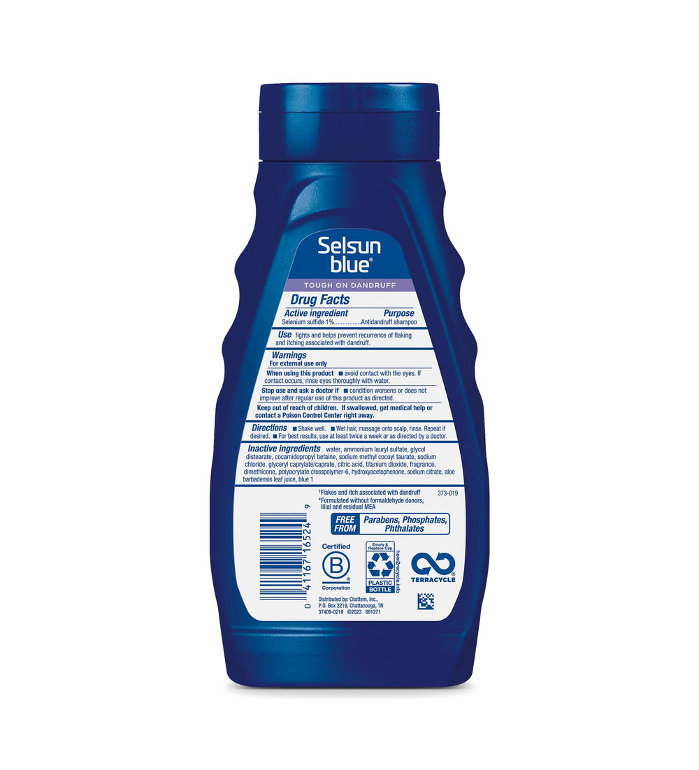 Selsun Blue back label with ingredients and directions to help confirm 1% selenium sulfide use