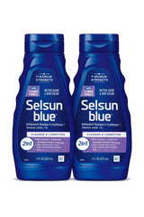 Selsun Blue front packaging showing two 11 fl oz bottles and product name for easy identification
