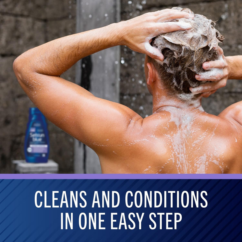 Person using Selsun Blue in shower illustrating simple 2-in-1 routine and time-saving benefit