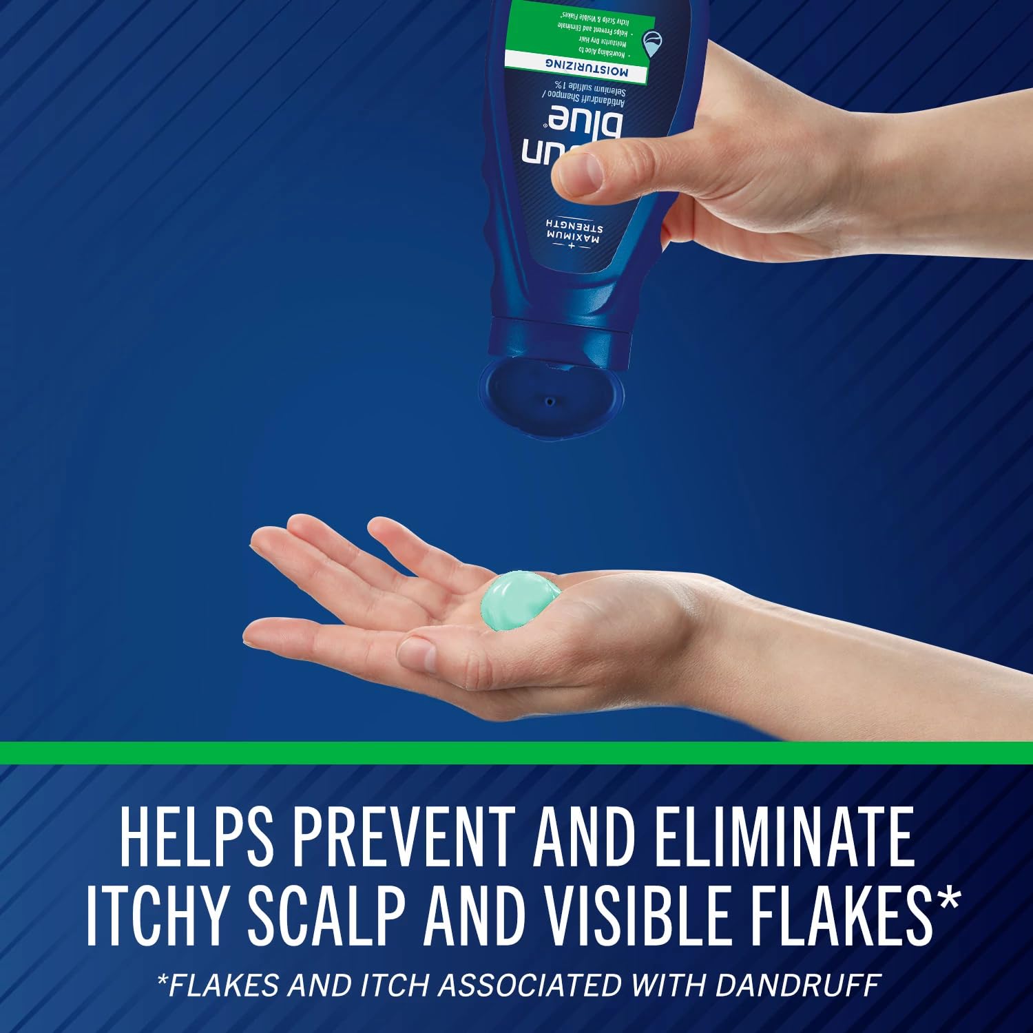 Person using Selsun Blue in the shower showing soothing scalp care