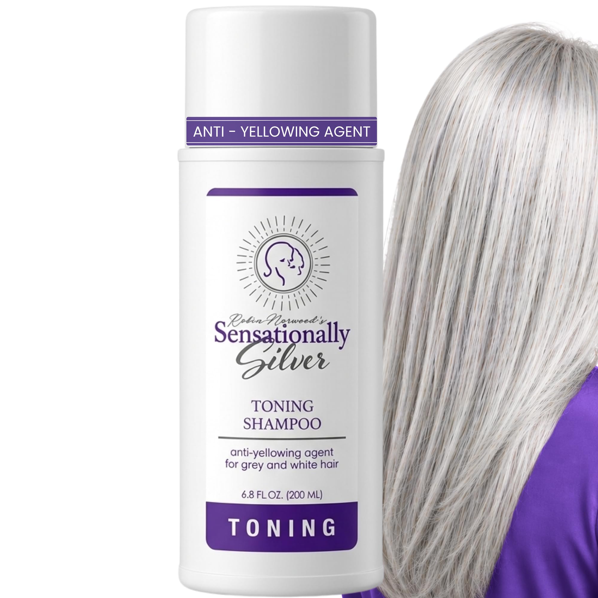 Robin Norwood's Sensationally Silver front bottle showing product and volume benefit