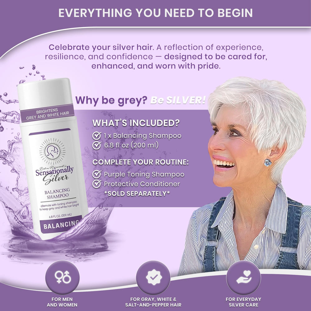 Robin Norwood's Sensationally Silver on silver-haired model showing radiant natural shine