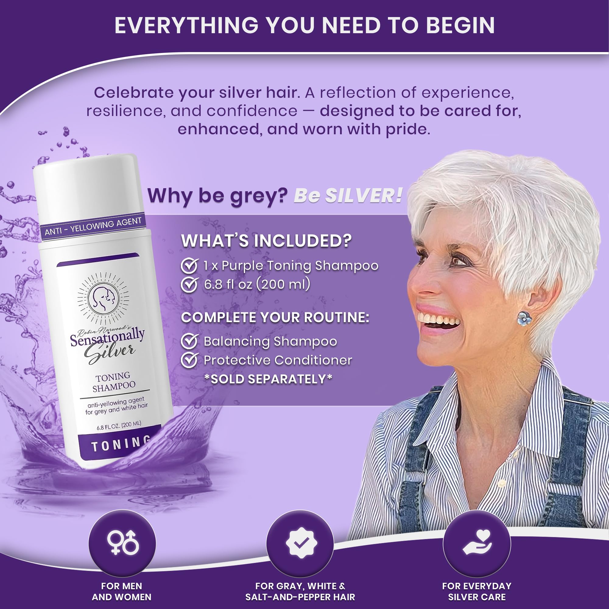 Robin Norwood's Sensationally Silver rinsed silver hair showing restored shine benefit