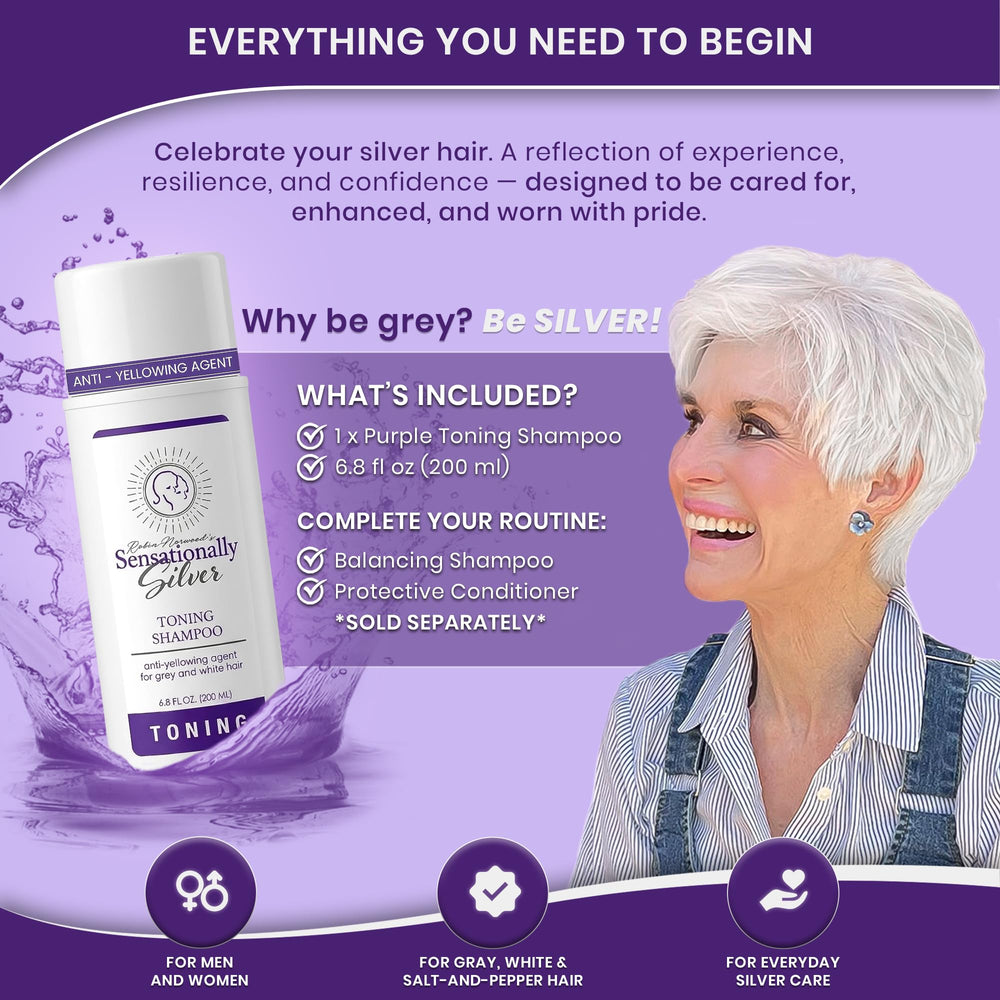 Robin Norwood's Sensationally Silver rinsed silver hair showing restored shine benefit
