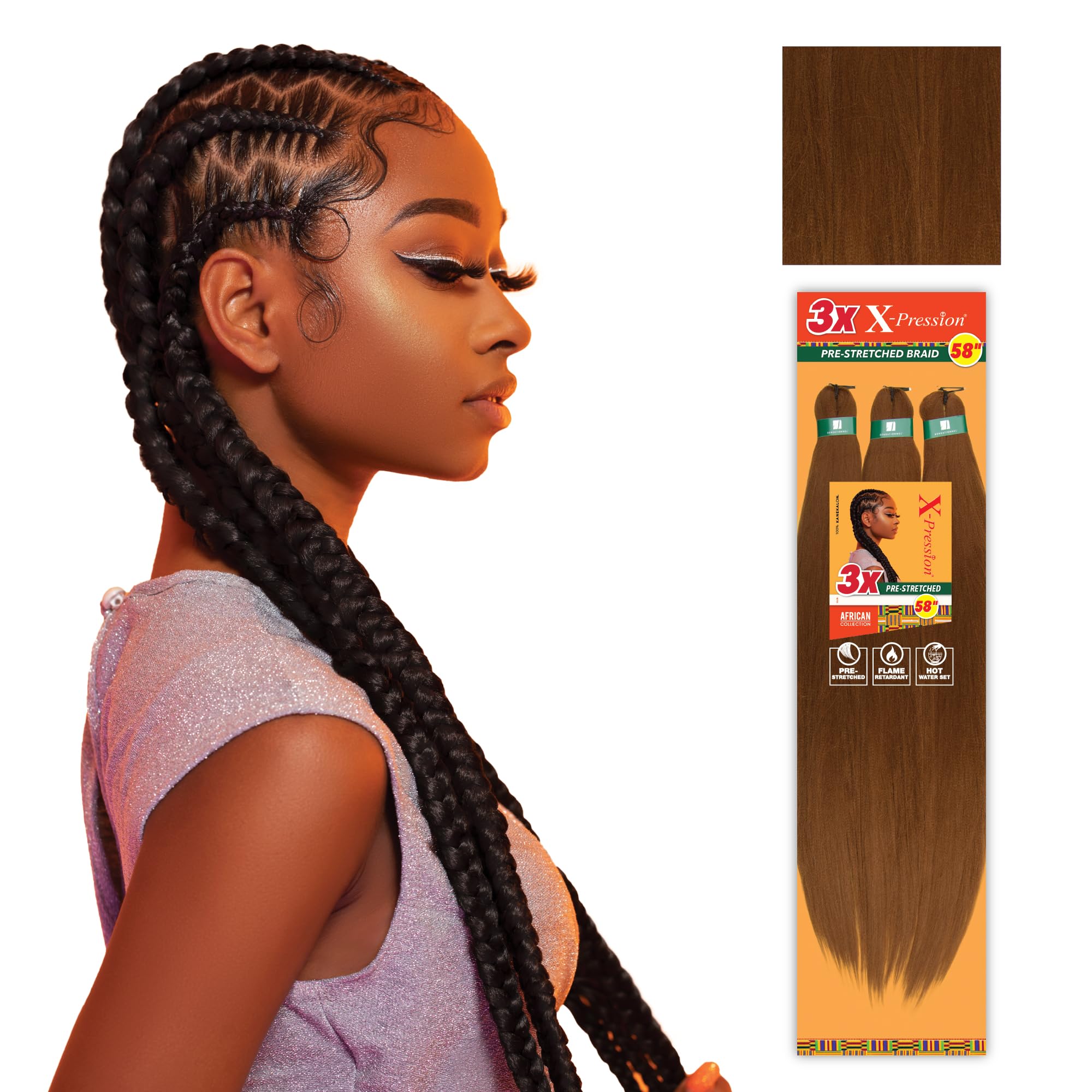 Sensationnel front packaging showing three 58-inch braids, fast-install benefit