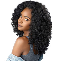 Sensationnel front view half wig on mannequin showing natural hairline and instant volume benefits