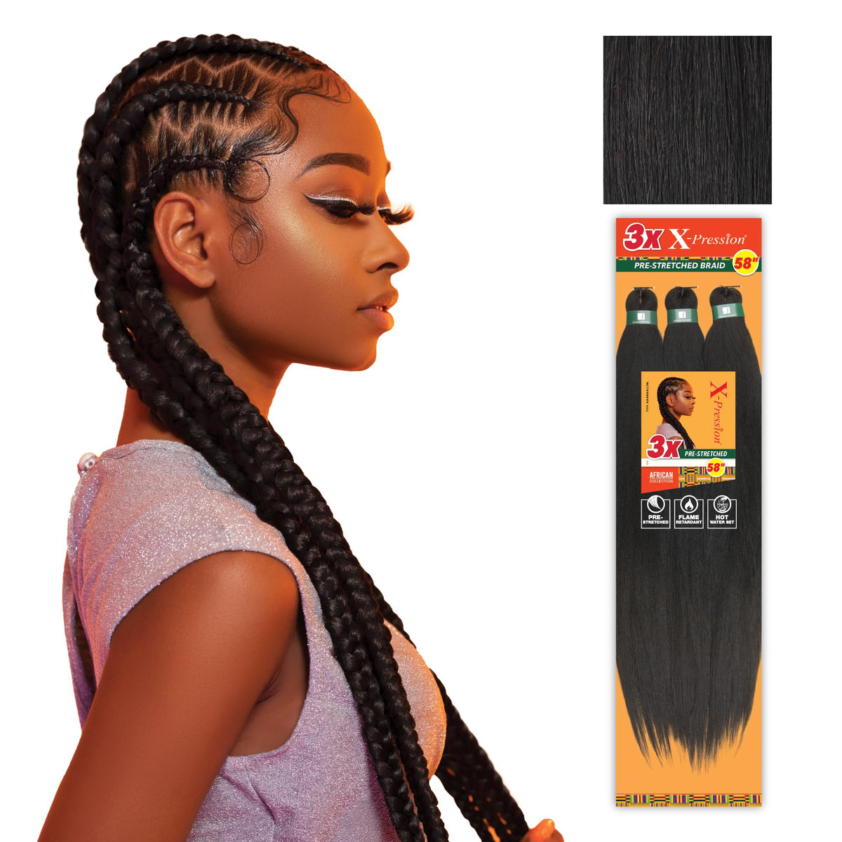 Sensationnel package front view showing 58in prestretched braids benefit quick install
