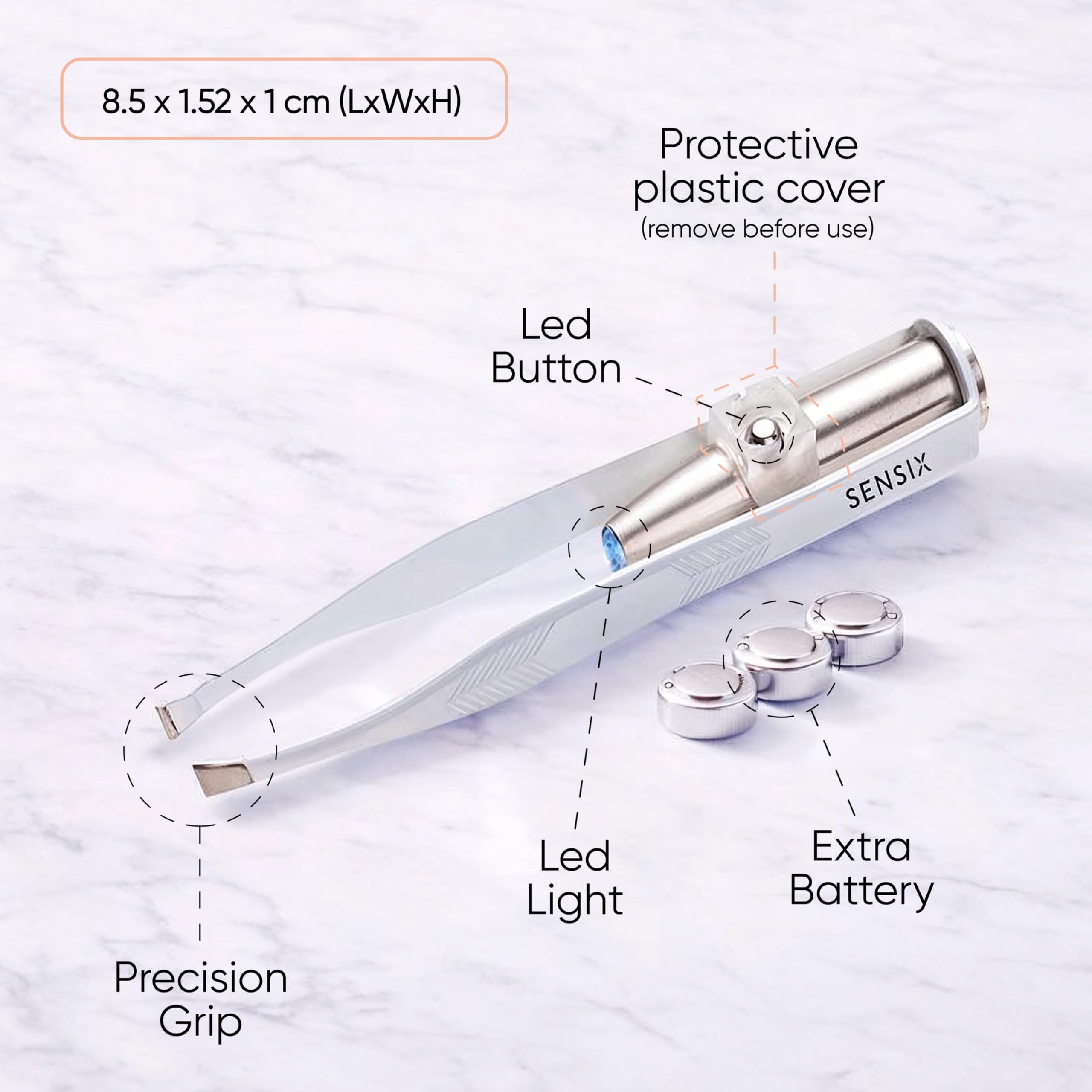 Sensica close-up of stainless steel slant tip for precise hair capture