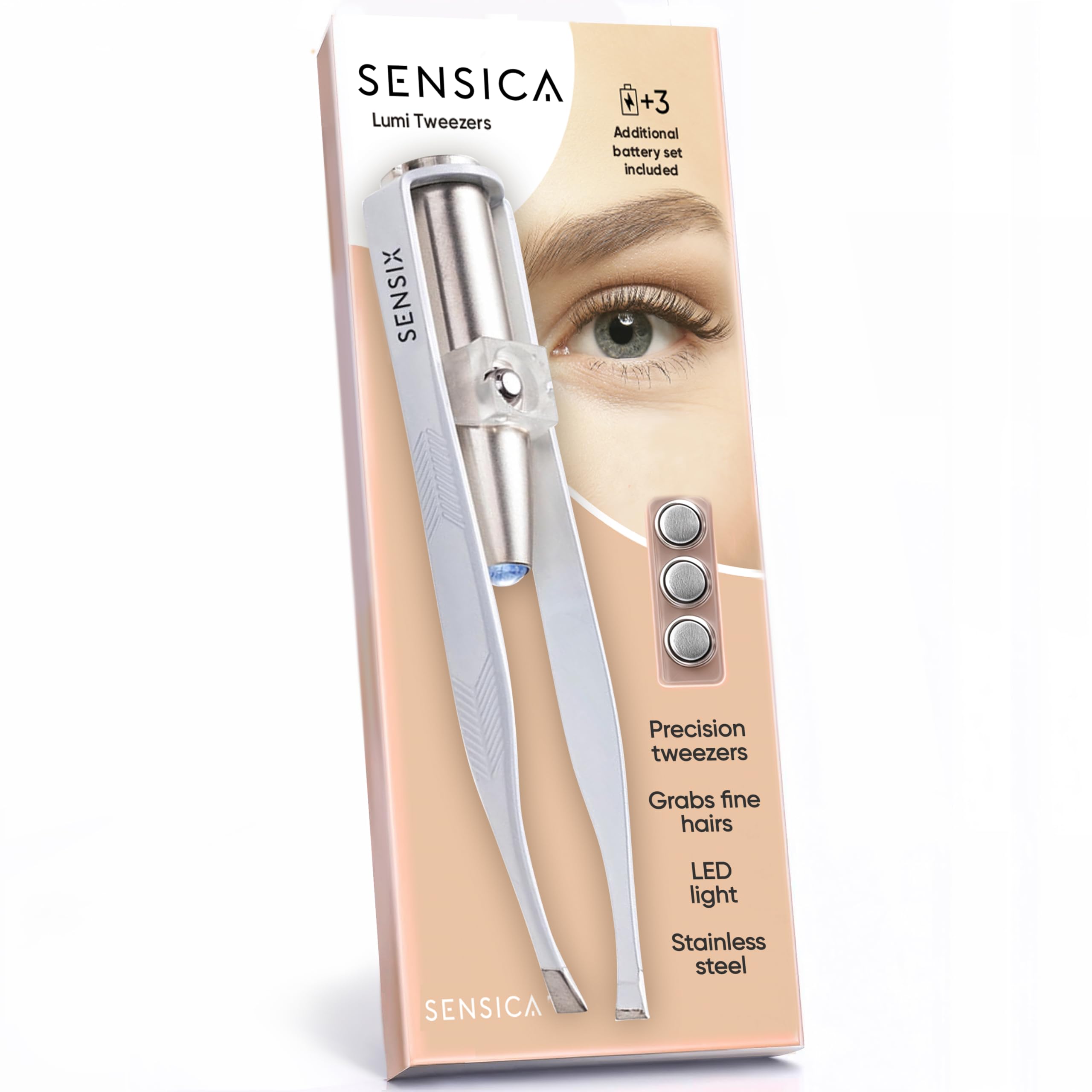 Sensica tweezers front packaging showing white finish and LED feature
