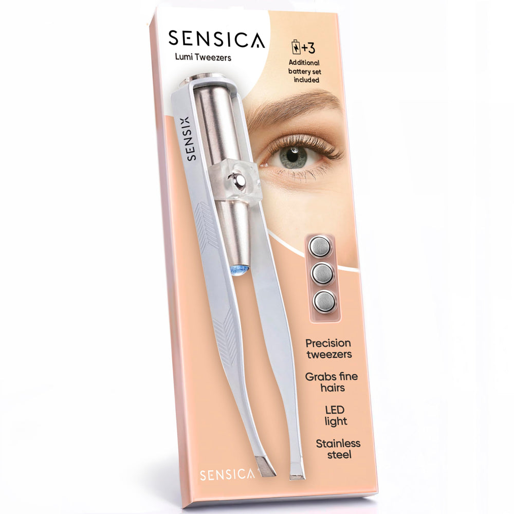Sensica tweezers front packaging showing white finish and LED feature
