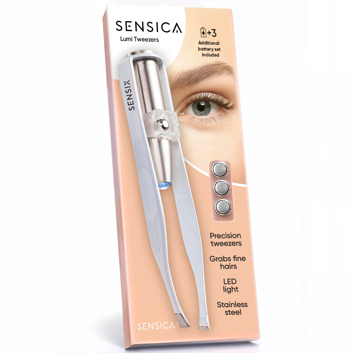 Sensica tweezers front packaging showing white finish and LED feature