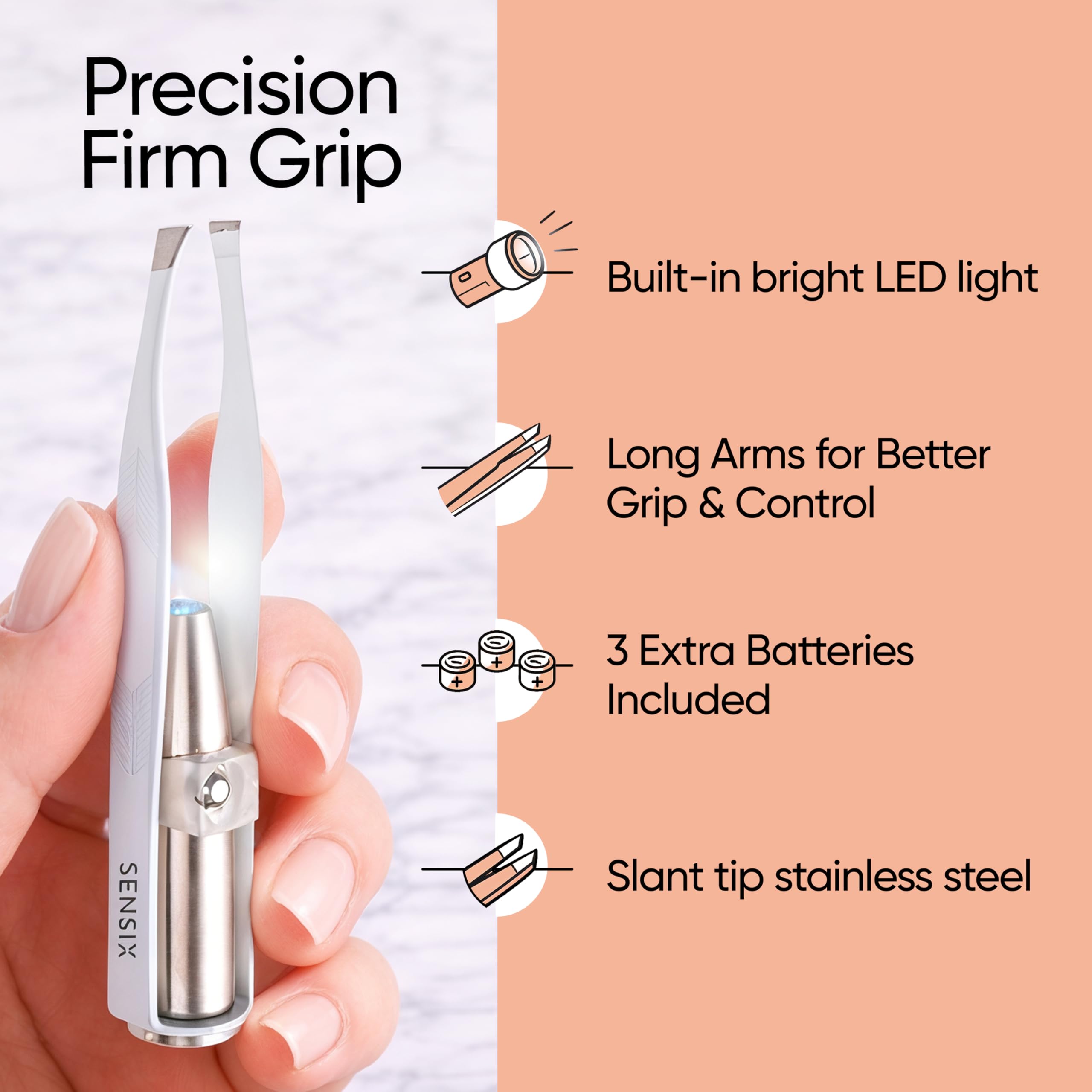 Sensica LED lit tip illuminating eyebrow hairs for accurate plucking