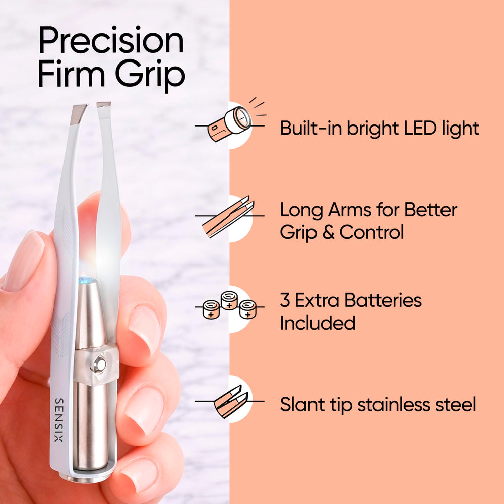 Sensica LED lit tip illuminating eyebrow hairs for accurate plucking