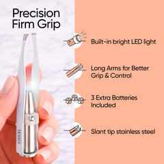 Sensica LED lit tip illuminating eyebrow hairs for accurate plucking