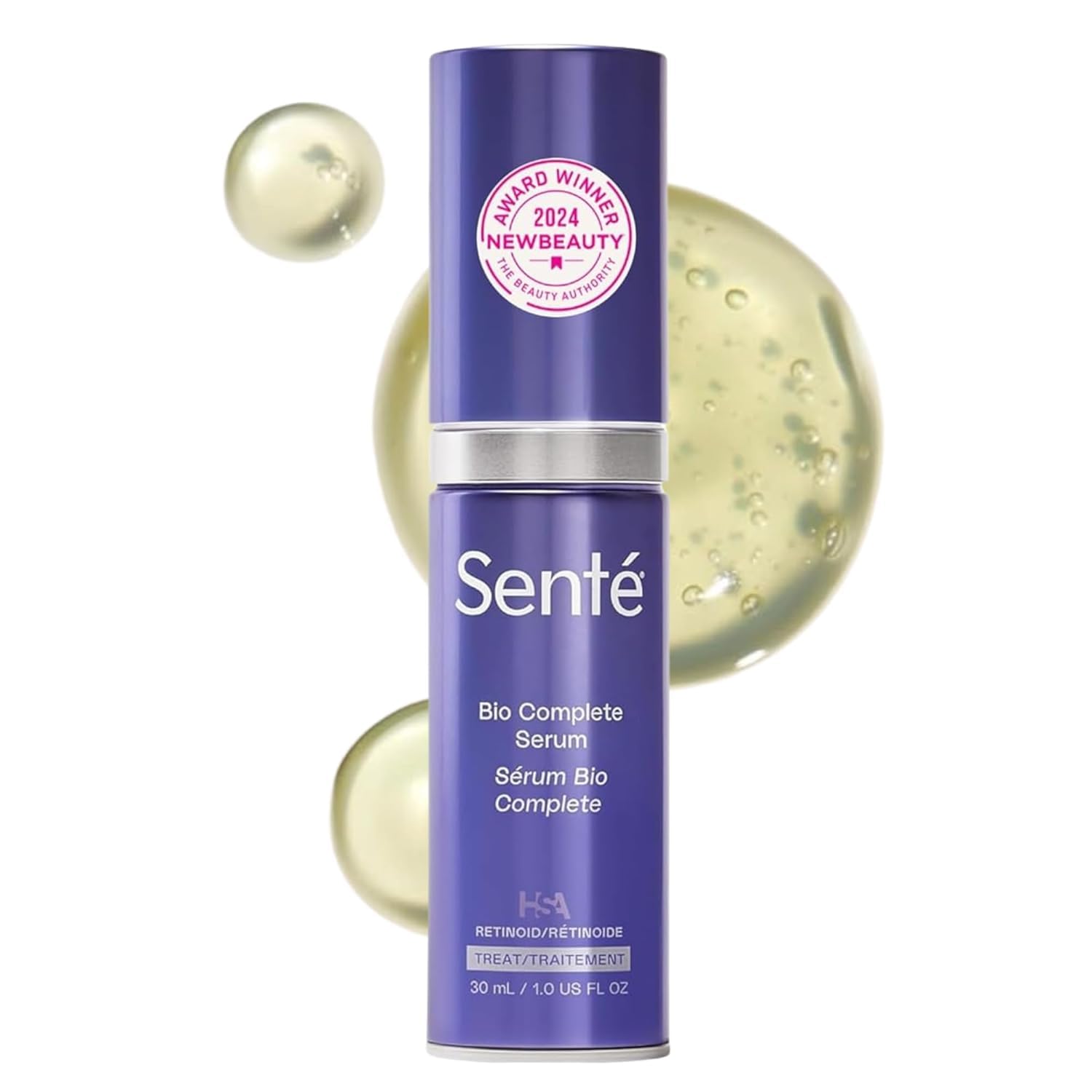 Sente front packaging showing serum bottle and label for clear product identification and trust
