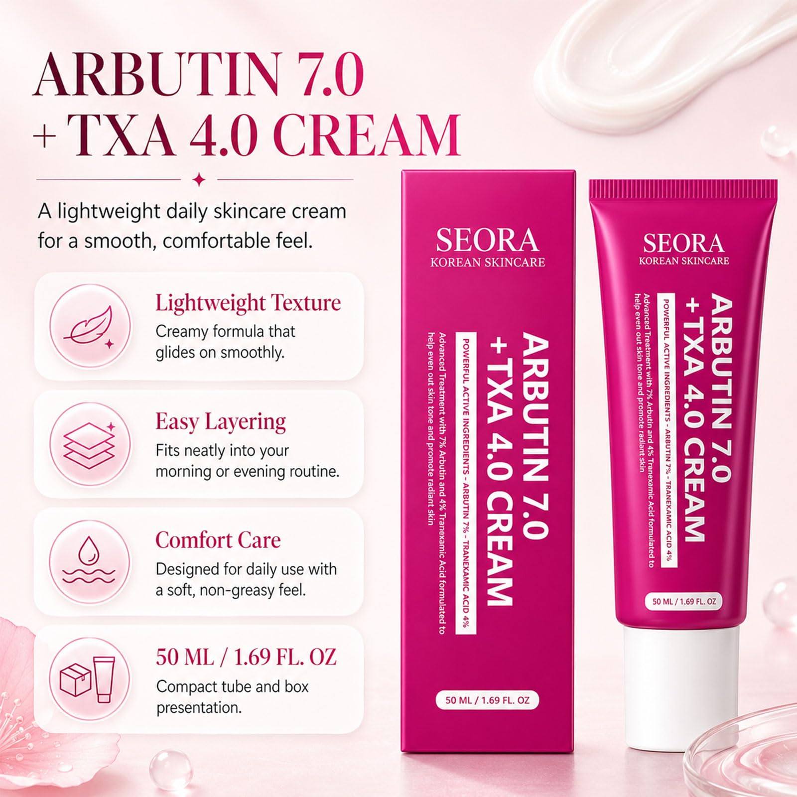 Seora Korean ingredients display highlighting niacinamide and hyaluronic benefit