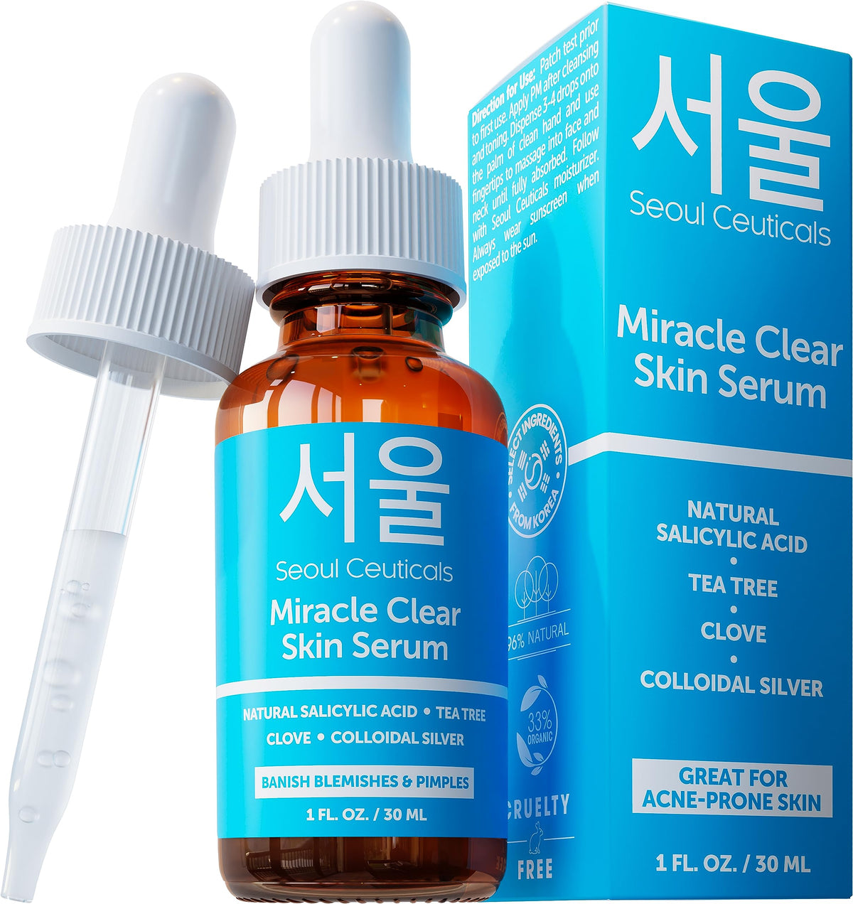 SeoulCeuticals bottle front view showing clear acne serum and brand benefit