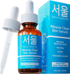 SeoulCeuticals bottle front view showing clear acne serum and brand benefit