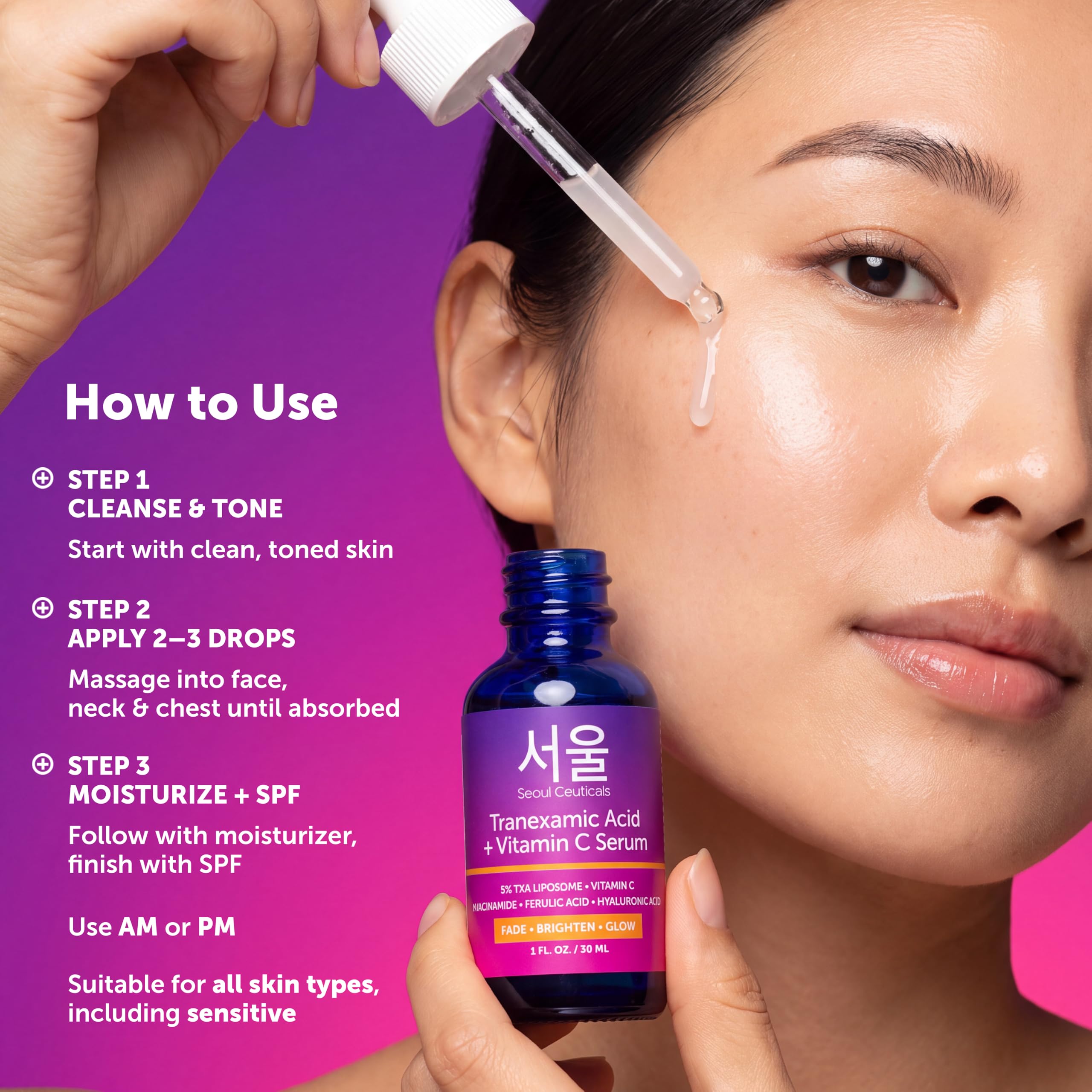 SeoulCeuticals product label close-up listing TXA and vitamin C benefits
