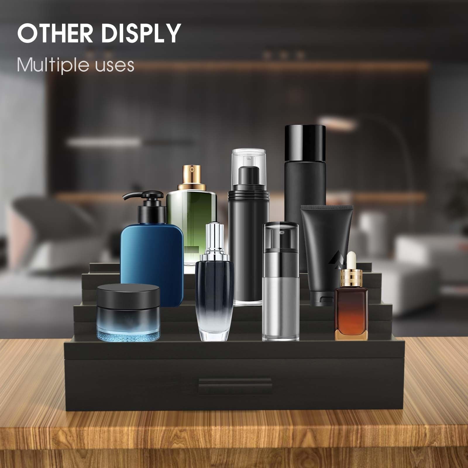 Sephyroth on a bathroom vanity styling colognes for a clean, elevated grooming area
