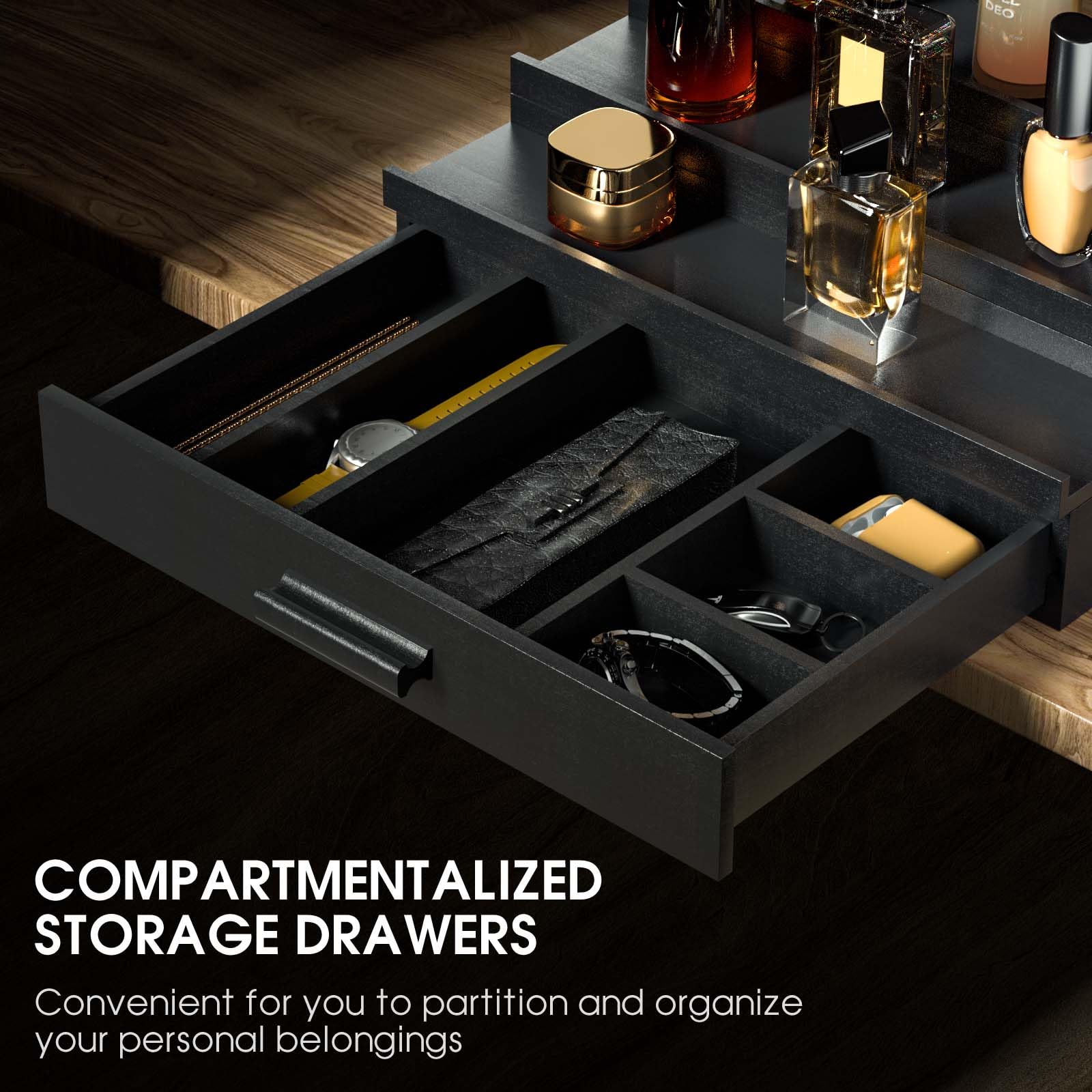 Sephyroth side profile showing three-tiered shelves for easy access and visible bottle arrangement