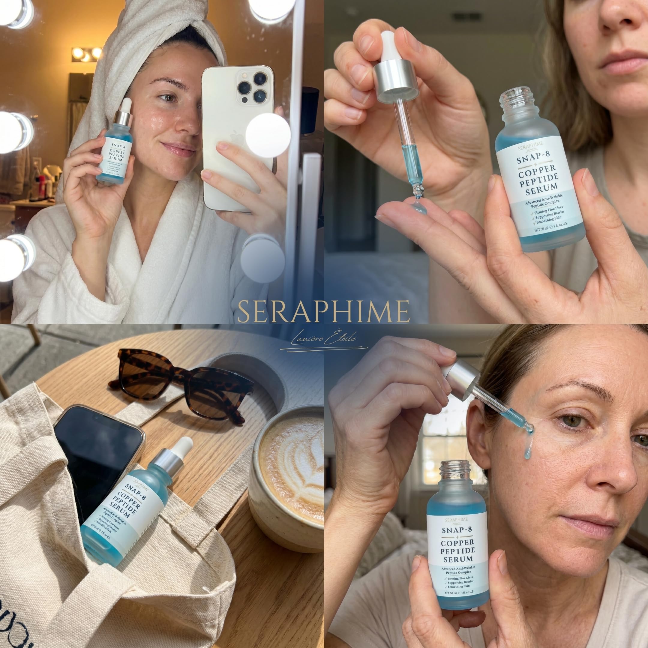 Seraphime paired with cream flatlay showing coordinated peptide routine for firmer-looking skin