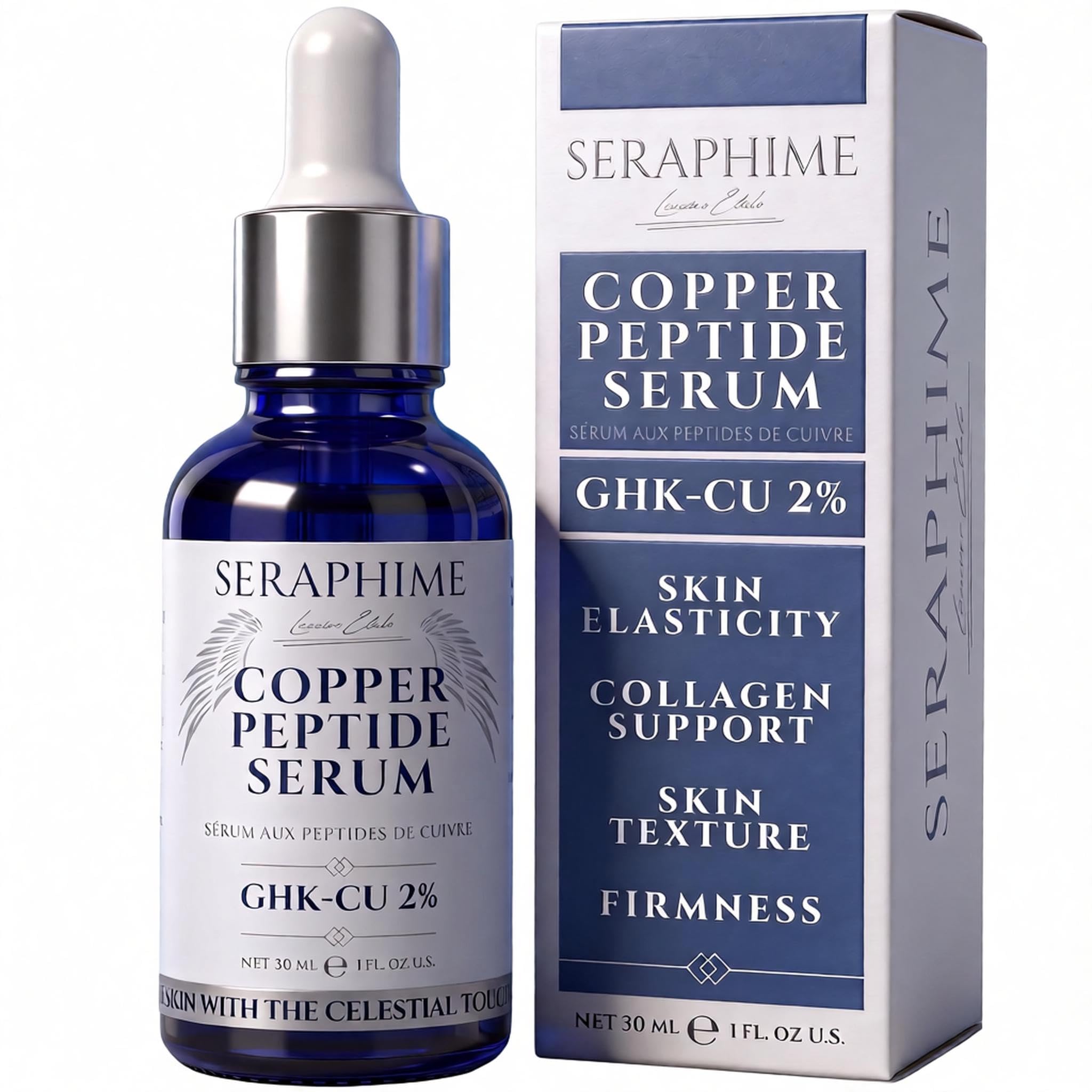Seraphime front bottle showing copper peptides serum and clear packaging benefit visible branding