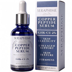 Seraphime front bottle showing copper peptides serum and clear packaging benefit visible branding