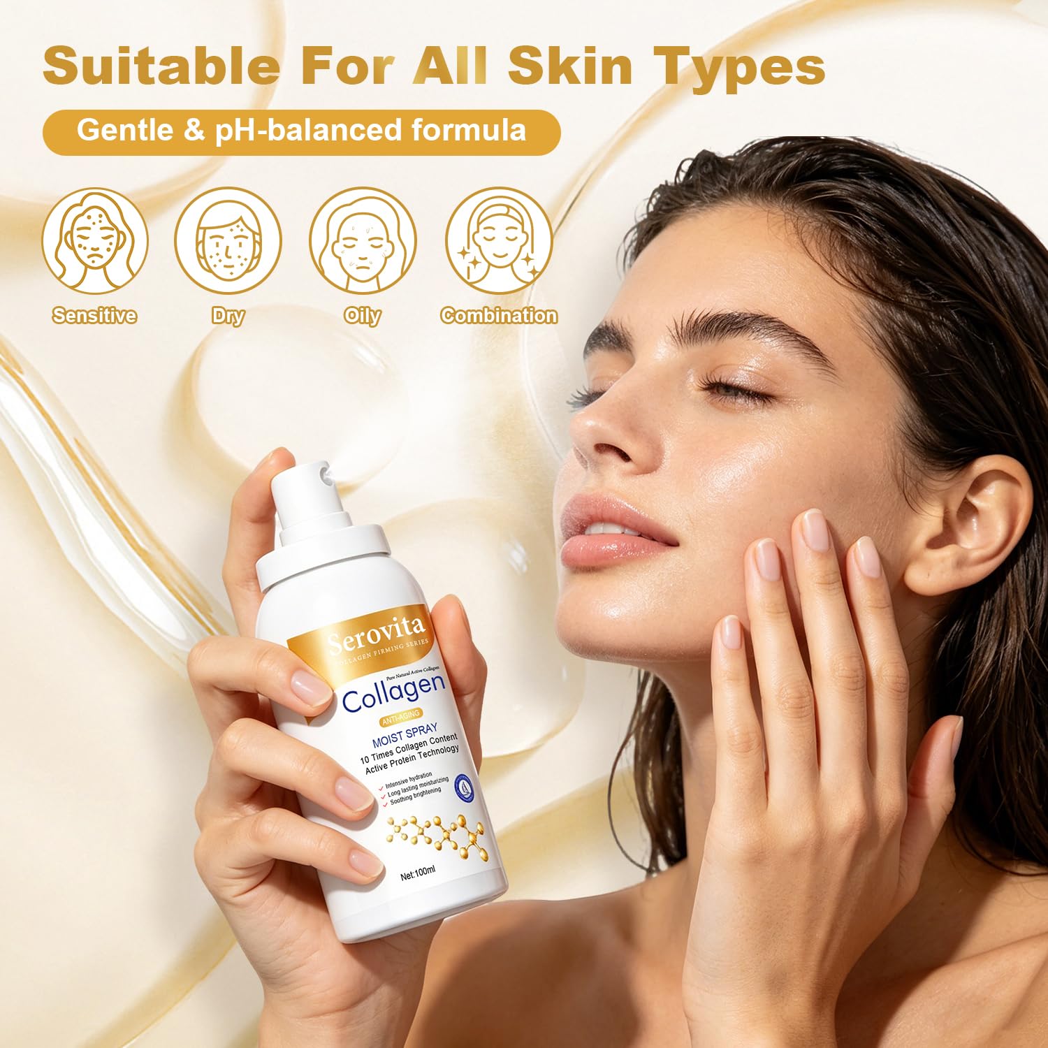 Serovita spritzed on arms and legs showing full-body hydration and smoothing effect