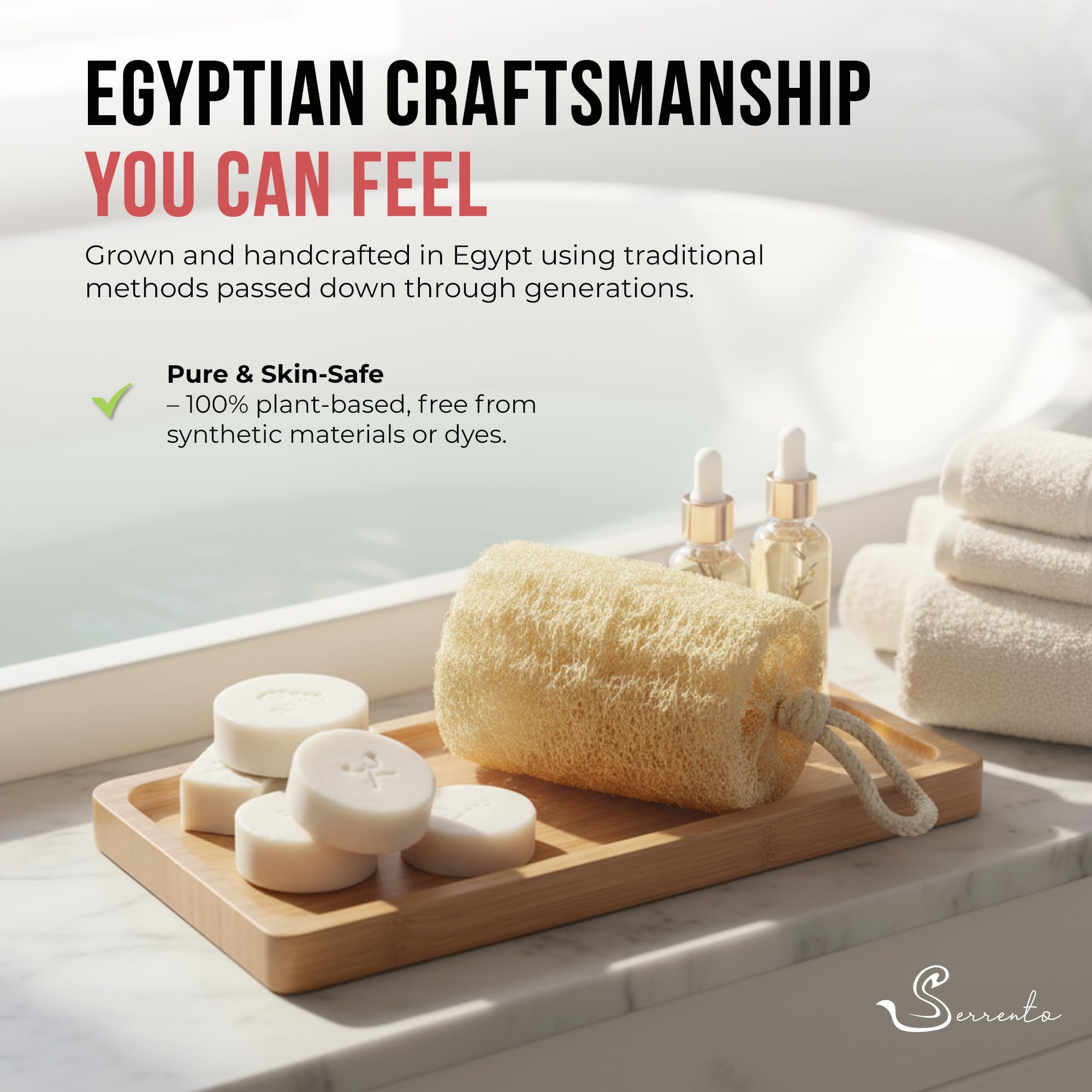 SERRENTO loofah sponges staged in bath setting conveying relaxing self-care benefit