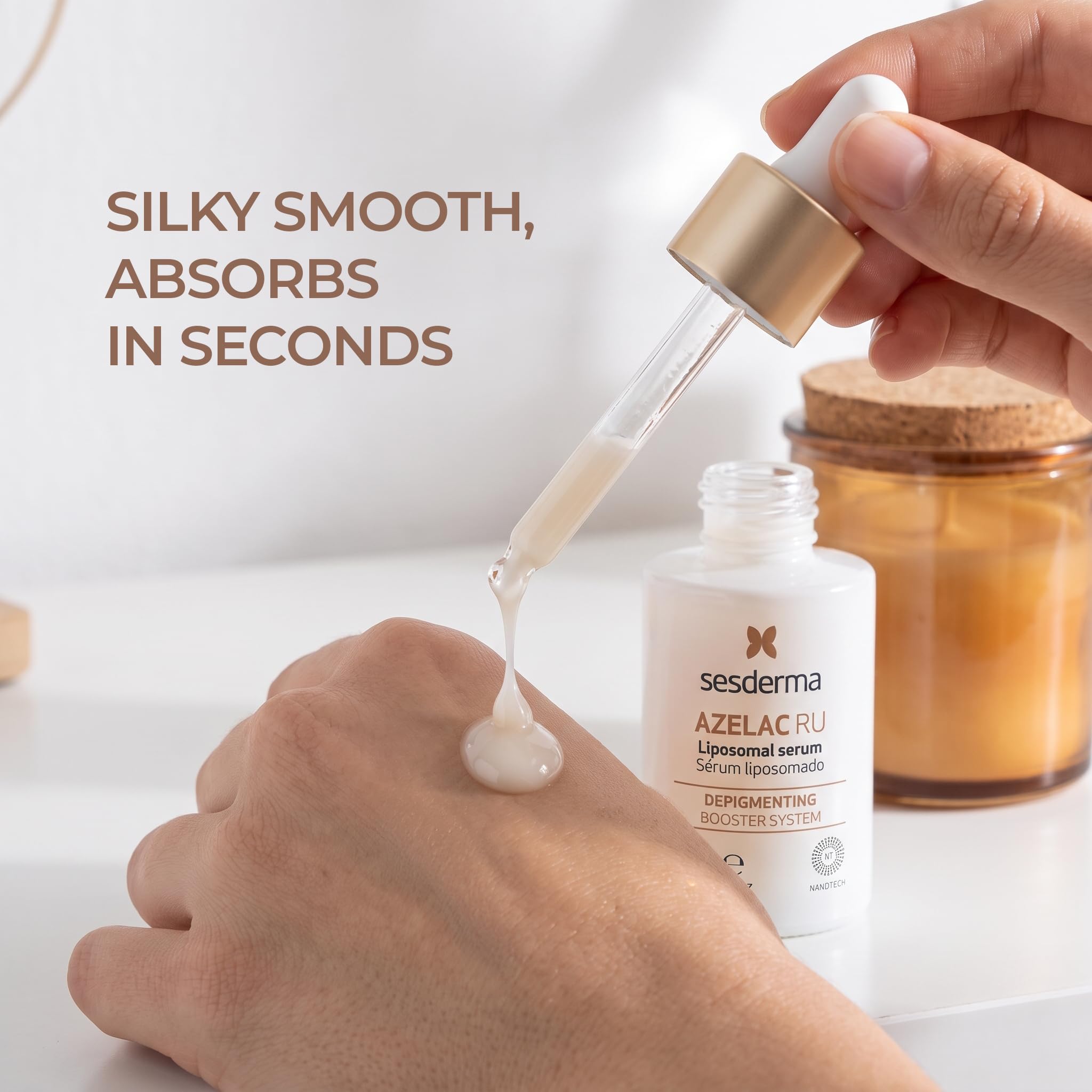 Sesderma AZELAC RU bottle next to ruler showing 1.0 fl oz size