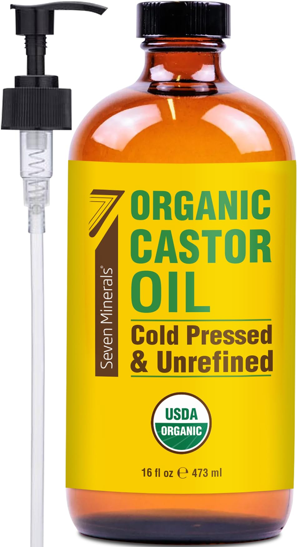 Seven Minerals amber bottle front view showing size and USDA organic label benefits