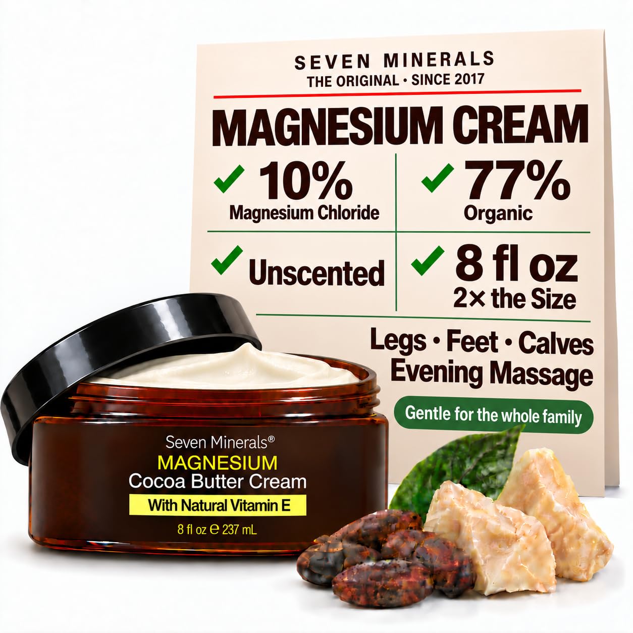 Seven Minerals front jar showing label and unscented magnesium cream benefit