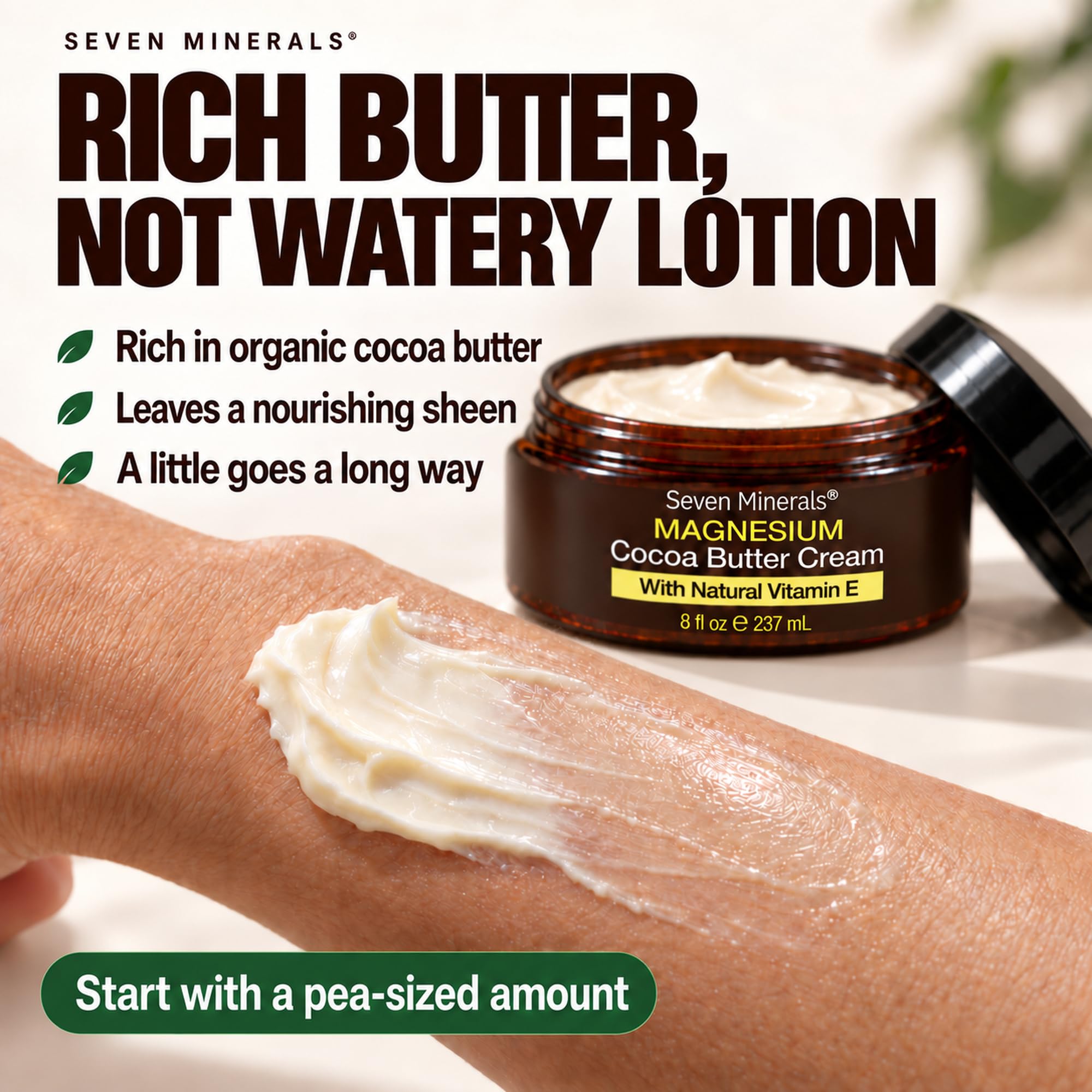 Seven Minerals ingredients staged: cocoa butter, safflower oil, vitamin E for natural formulation benefit