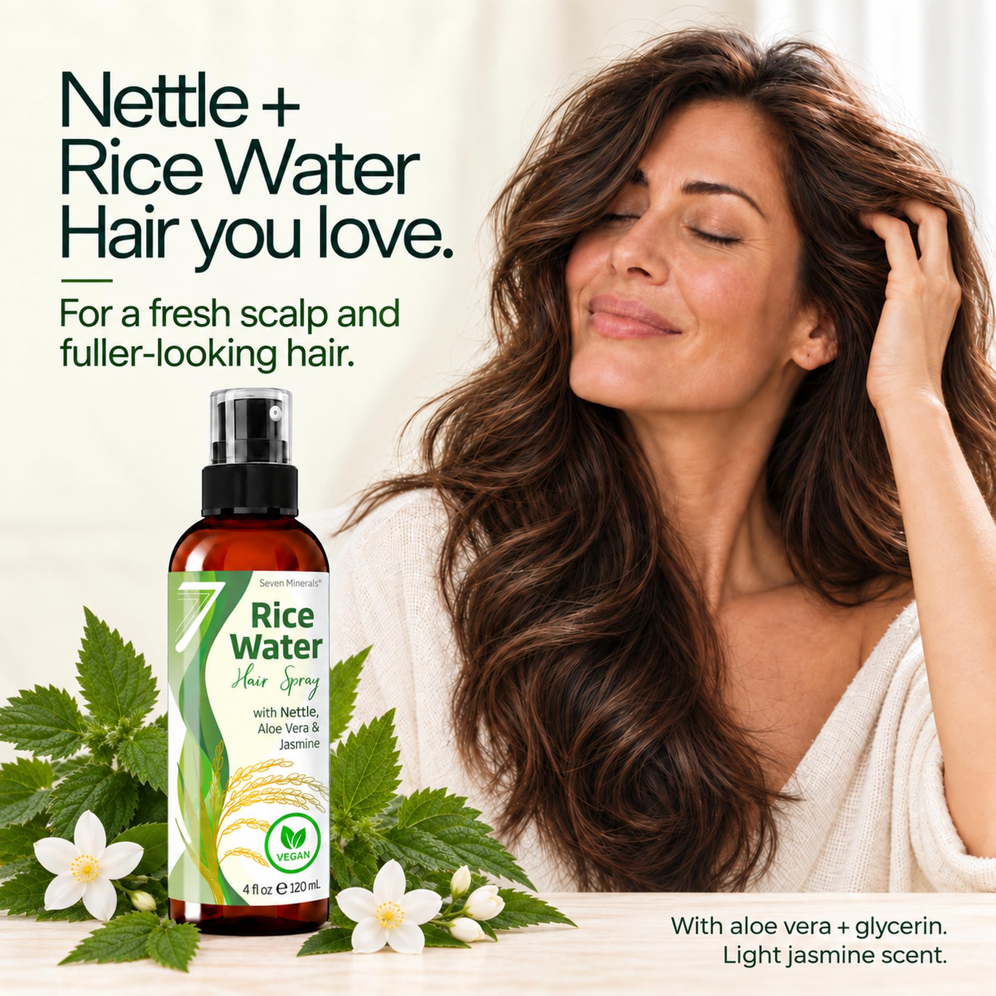 Seven Minerals product label close-up showing fermented rice water and nettle blend