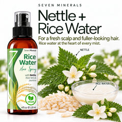 Seven Minerals spray texture with droplet on hair demonstrating non-greasy finish