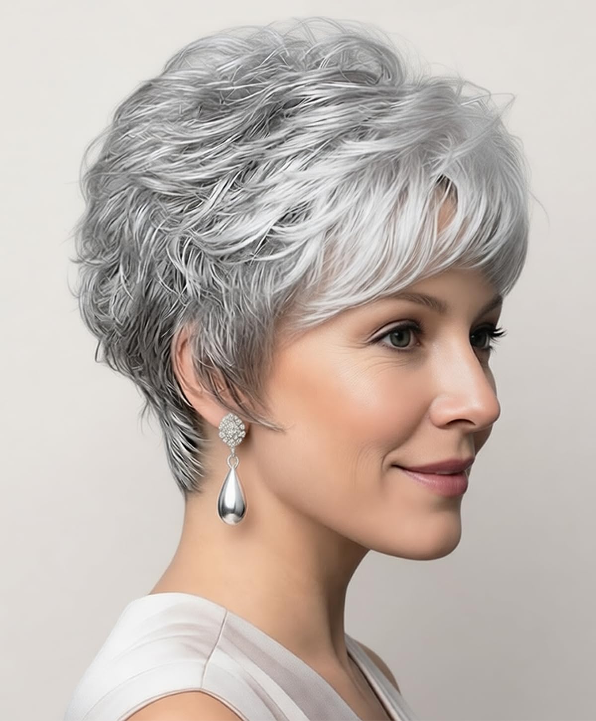 SEVENCOLORS front view short grey pixie wig showing natural shape and flattering cut